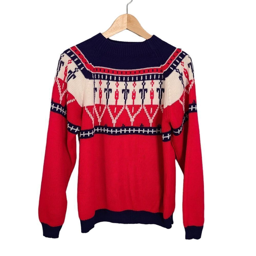 VTG JC Penny Sweater Womens Red White Blue Fair Isle Knit Mock Turtleneck Medium